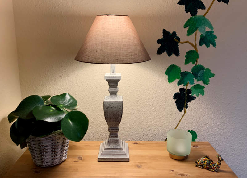 Auf einer Holzplatte steht neben einer Grünpflanze eine Tischlampe