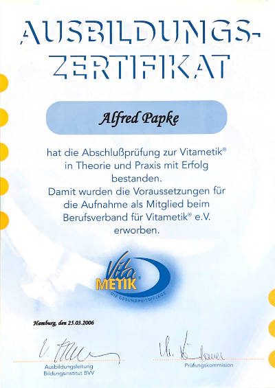 Vitametik-Zertifikat von Alfred Papke
