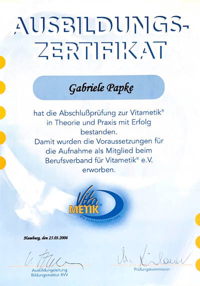 Vitametik-Zertifikat von Gabriele Papke
