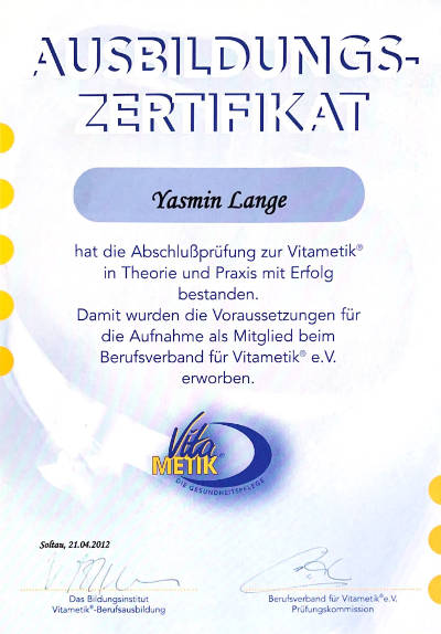 Vitametik-Zertifikat von Yasmin Lange
